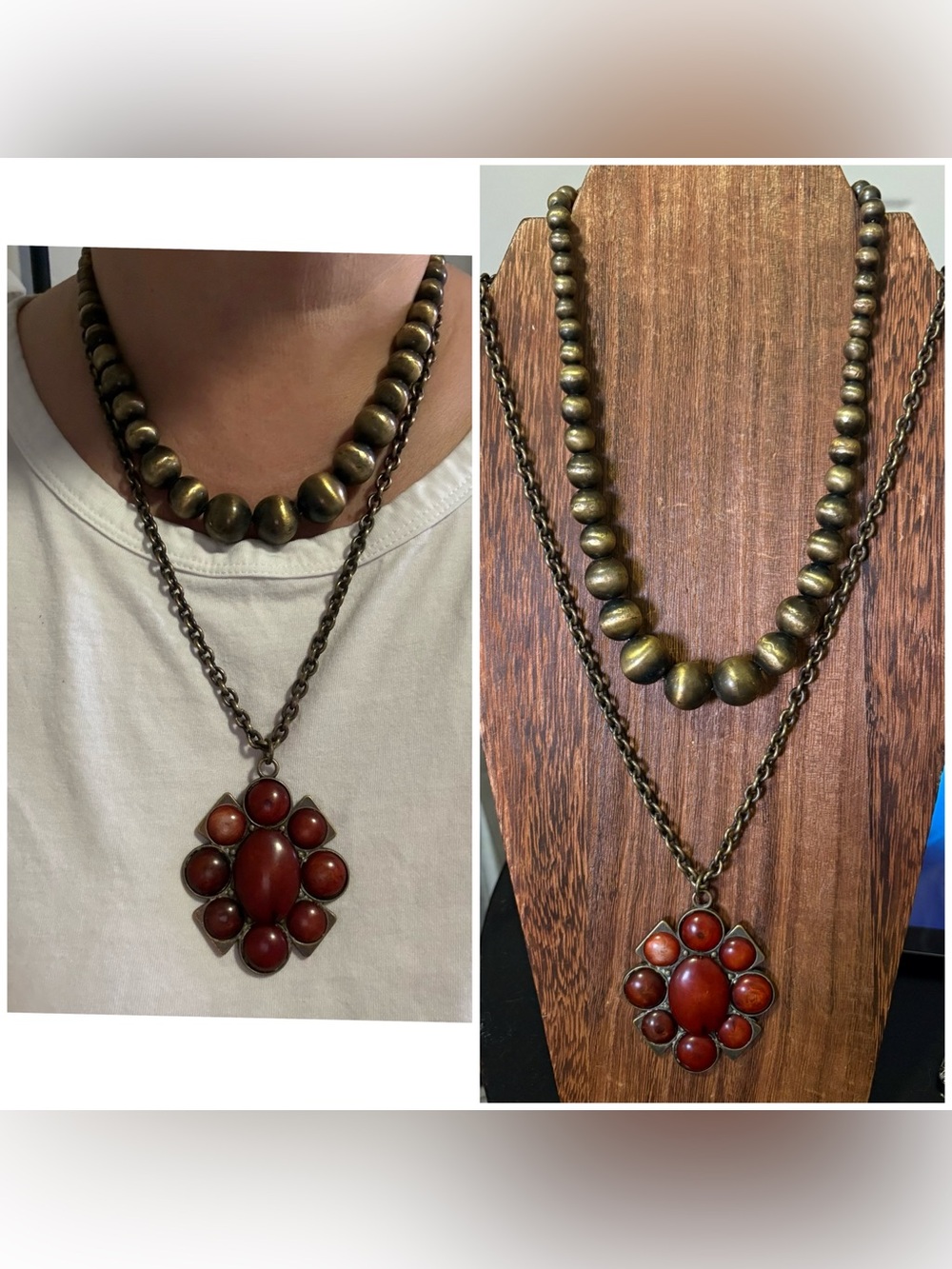 Vintage-Inspired Brass Bead Necklace with Red Pendant & choker unbranded set of